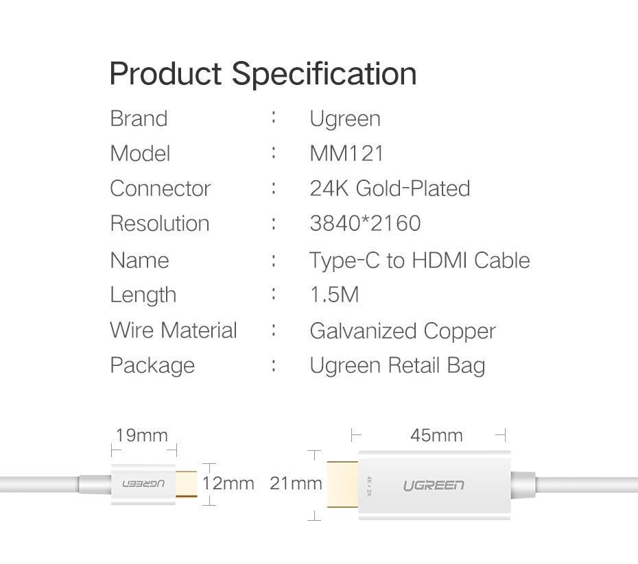 Кабель UGREEN Type-C-HDMI 4K 60Hz відеоконвертер USB-C на HDMI 2.0 Thunderbolt 3 1,5 м Білий (30841) - фото 8