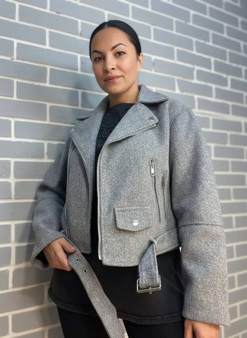 Куртка женская A-N 2428 косуха пальто молния ремень L Серый (2536)