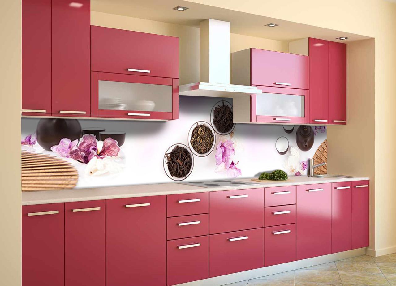 Кухонный фартук Чайный набор с самоклеющейся виниловой пленки 60х300 см Розовый