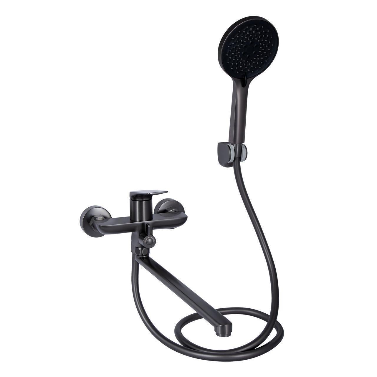 Смеситель для ванны Qtap Vlasta New QTVLA260GMB45645 с длинным поворотным изливом с душевым гарнитуром Gunmetal PVD Black (2575872957)