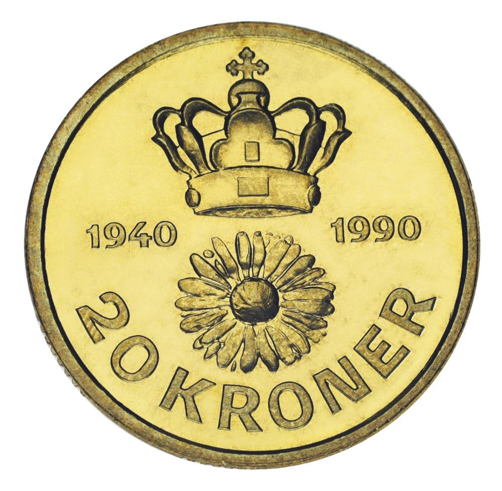Коллекционная монета Дания 20 крон 1990 AU-UNC 50 лет со дня рождения Королевы Маргрете II (М25326)