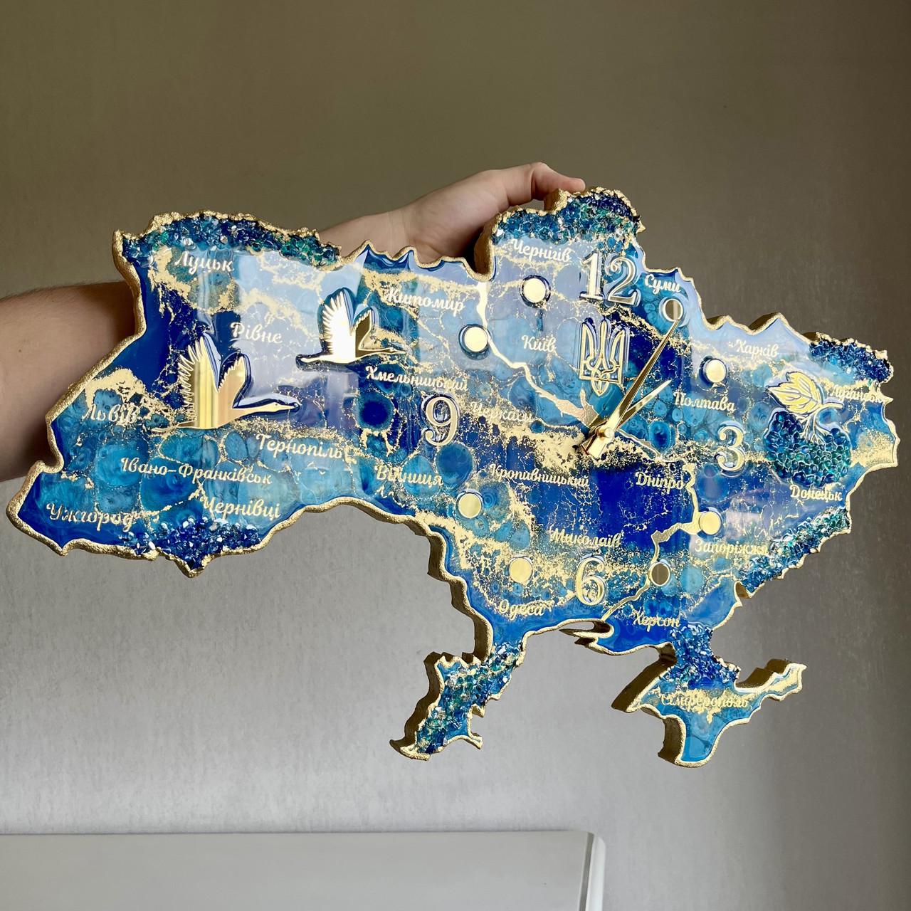 Годинник настінний з епоксидної смоли Карта України 80х51 см