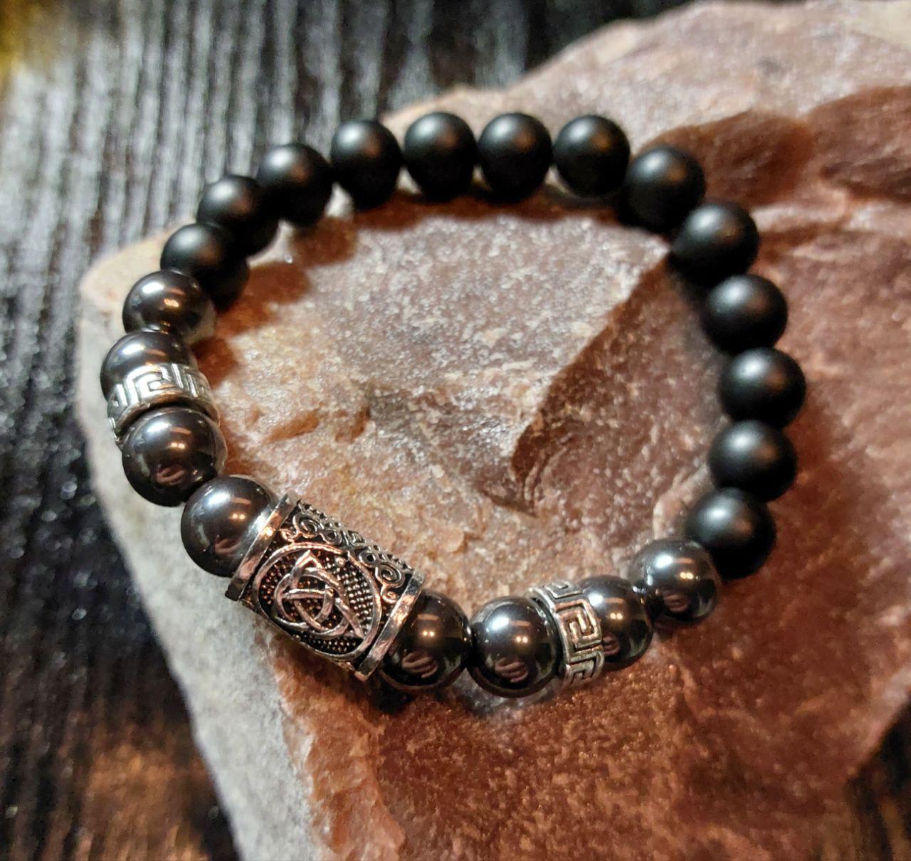 Браслет LITAURS из натуральных камней шунгит/гематит и металлическими вставками L 18-21 см (250210-1) - фото 3