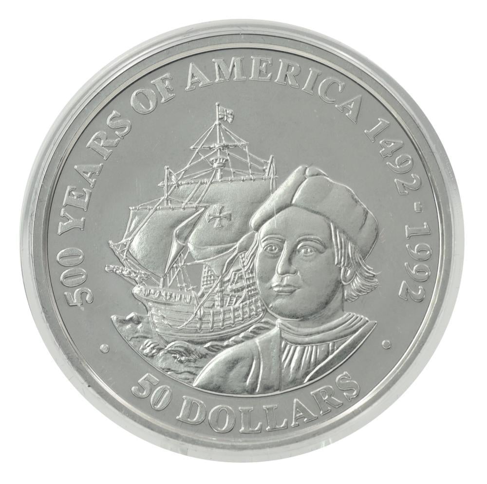 Коллекционная монета Острова Кука 50 долларов 1989 серебро Proof 500 лет Открытию Америки-Христофор Колумб и Корабль (М22591)