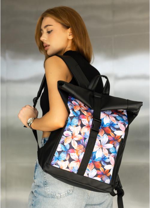 Городской рюкзак женский роллтоп Sambag Flowers с отделением под ноутбук Черный (11180301641)