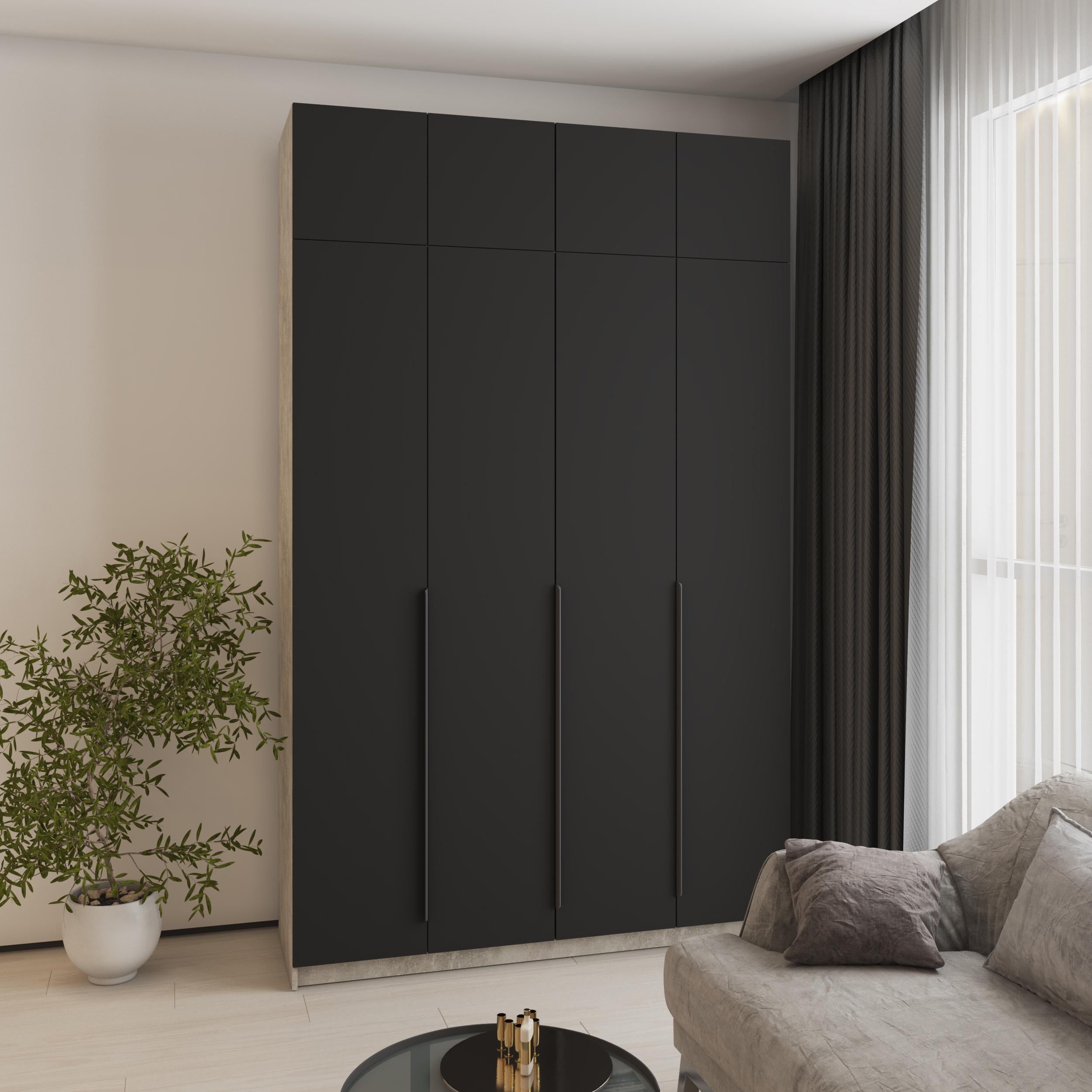 Шкаф 4-дверный с антресолью MebelStar Оскар МДФ Ultra Mat BL-B стандарт 160x52x260 см Бетон/Черный (MBS-5979)