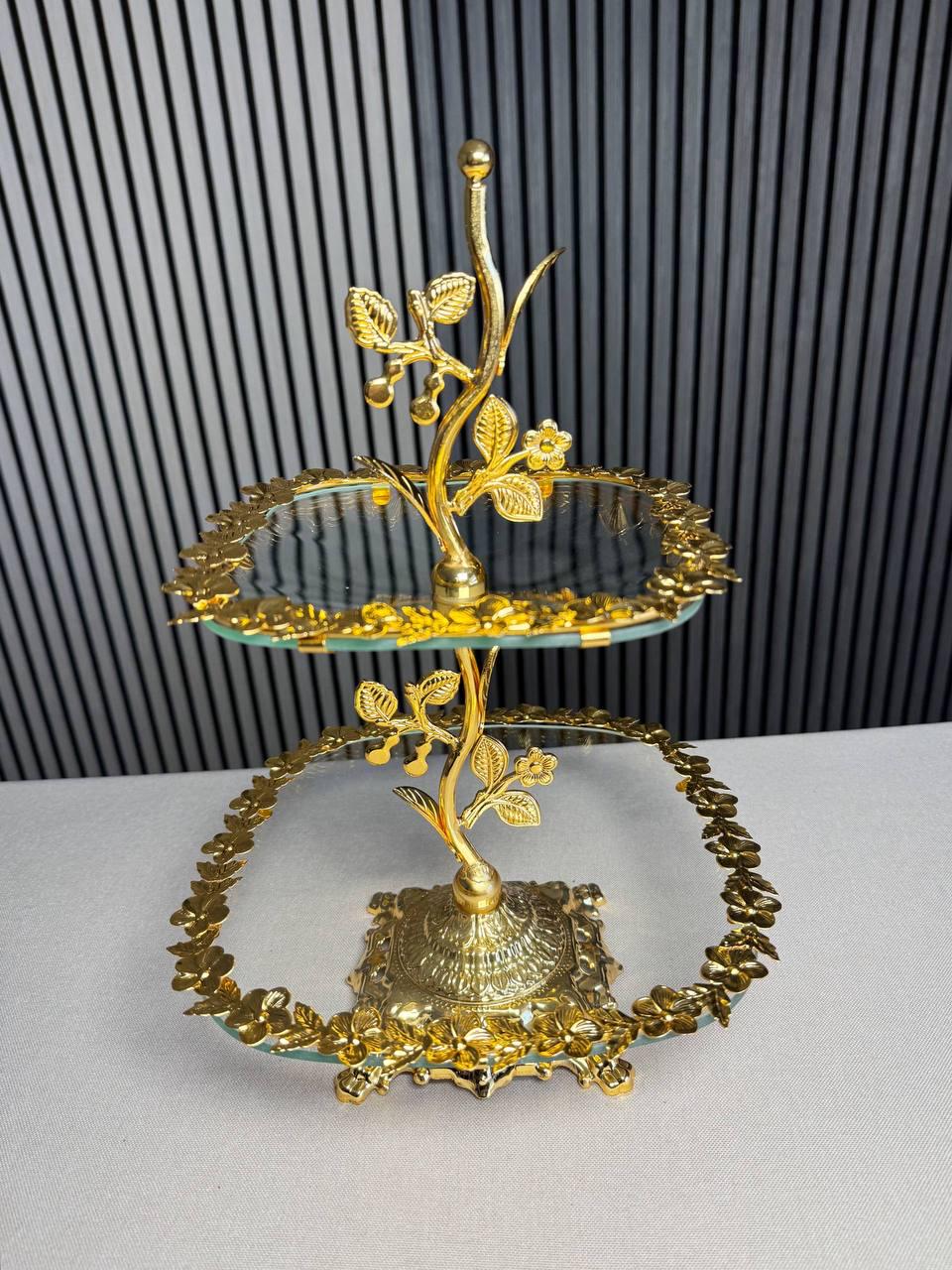Фруктівниця Royal Grace 4418 скляна 2-х ярусна 38х23 см Прозорий із золотистим (4418)