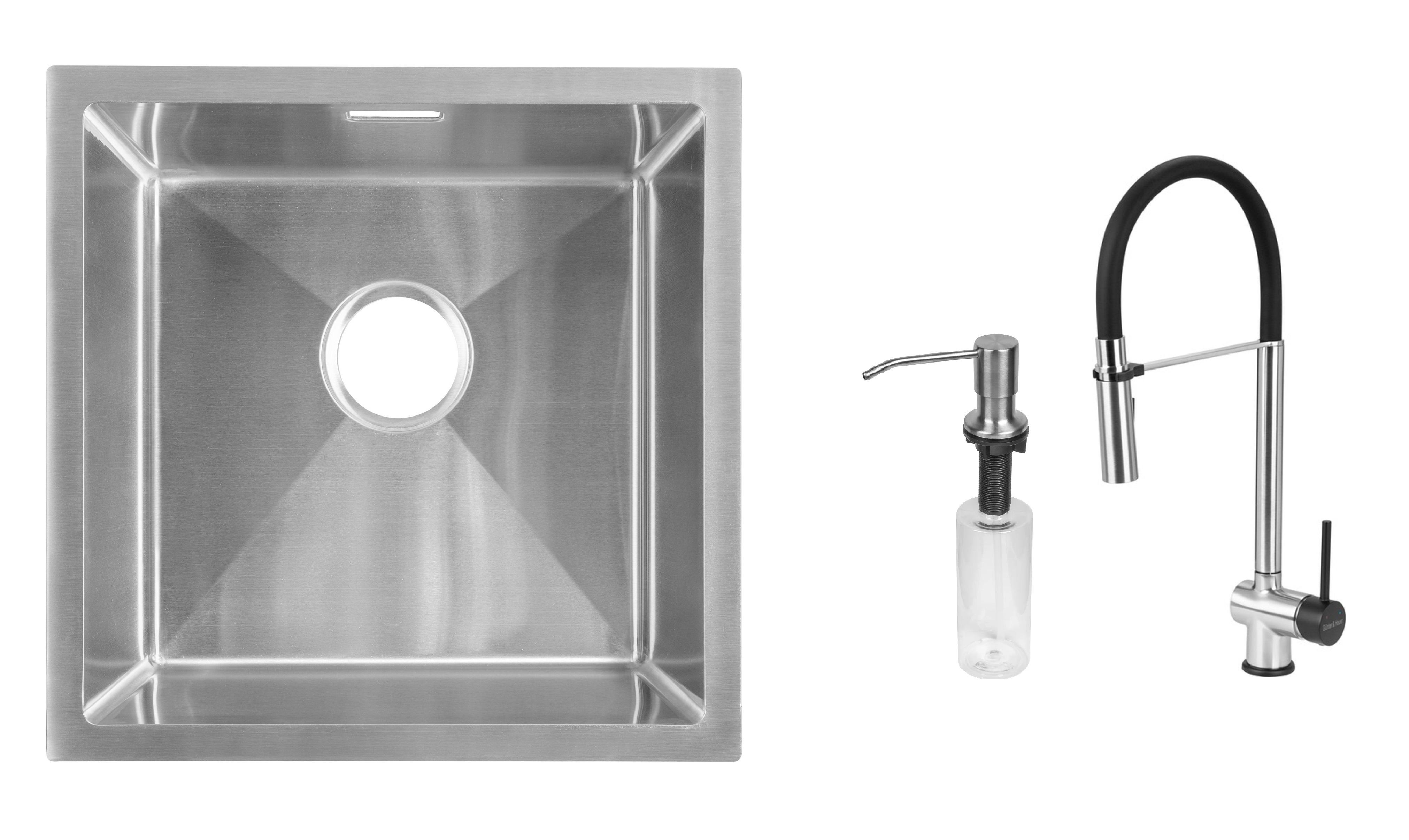 Комплект з кухонної мийки Gunter&Hauer Olef 4522 Inox кухонного змішувача Gunter&Hauer EDEL Brush Black та дозатора Gunter&Hauer SOAP DISPENSER Inox