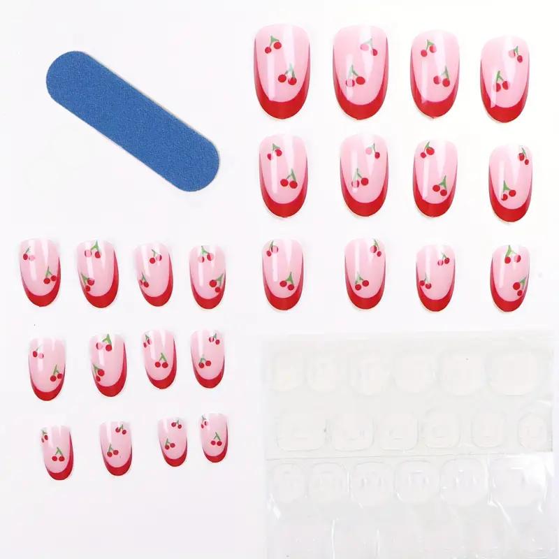 Накладні нігті Вишеньки з клейовими пластинами 24 шт. Нюд із червоним (2743174702) - фото 6