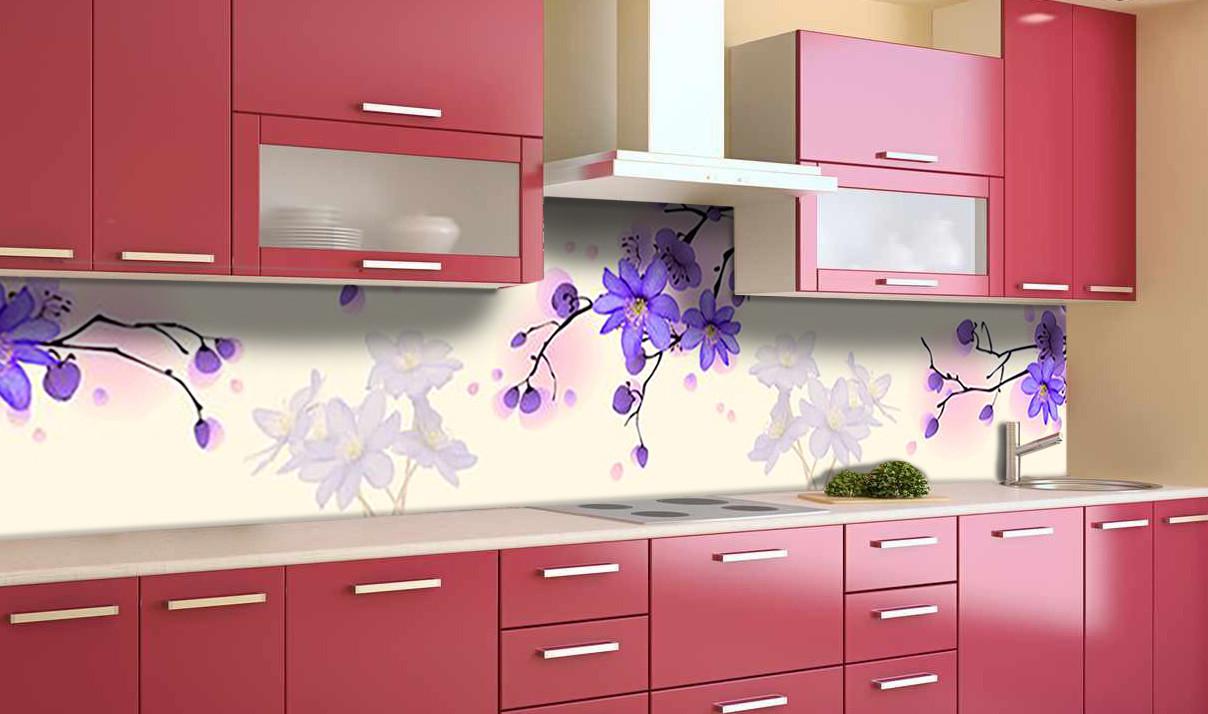 Кухонный фартук Фиолетовые цветы на ветке из самоклеющейся виниловой пленки 60х300 см Бежевый