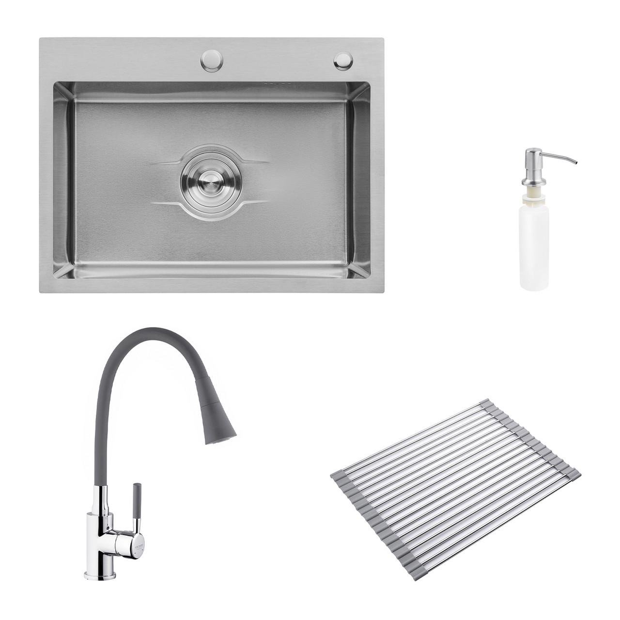 Комплект кухонна мийка Kroner Derby-5843HM Brush/cушарка для посуду Kroner Matte-GRA4333-2/змішувач (2669564694)