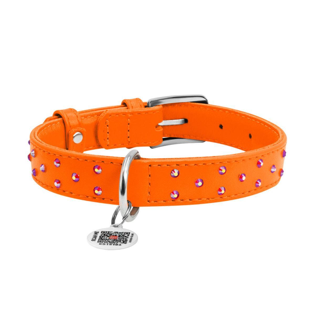Ошейник для собак кожаный Waudog Glamour с QR паспортом/клеевыми стразами 25 мм х 38-49 см Оранжевый (32794 Col)