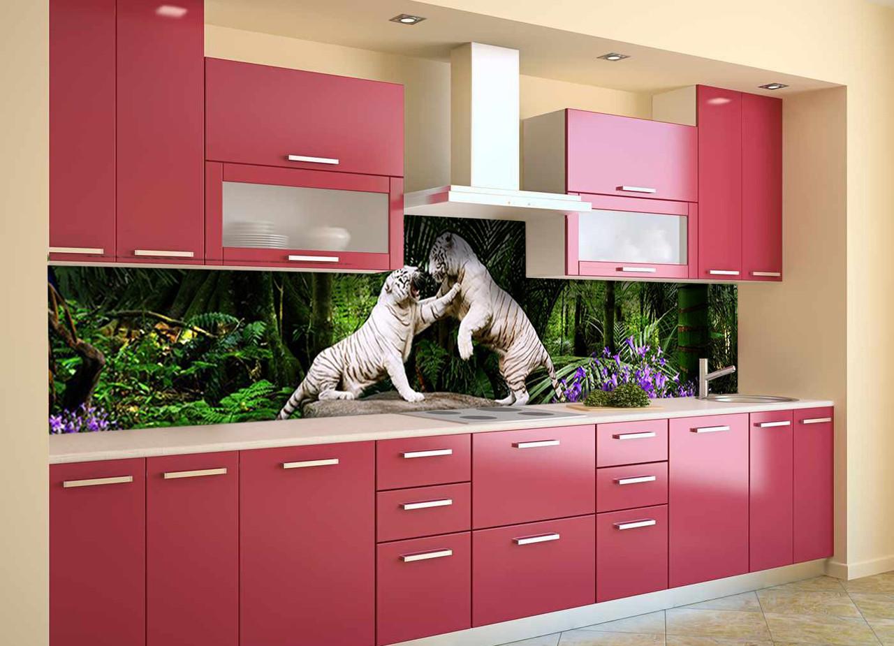 Кухонный фартук Белые тигры из самоклеющейся виниловой пленки 65х250 см Зеленый