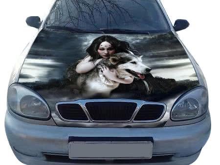 Наклейка на капот 3D Tuning Studio Ланос Девушка с волком 1350х1450х0,15 мм (2781) - фото 1