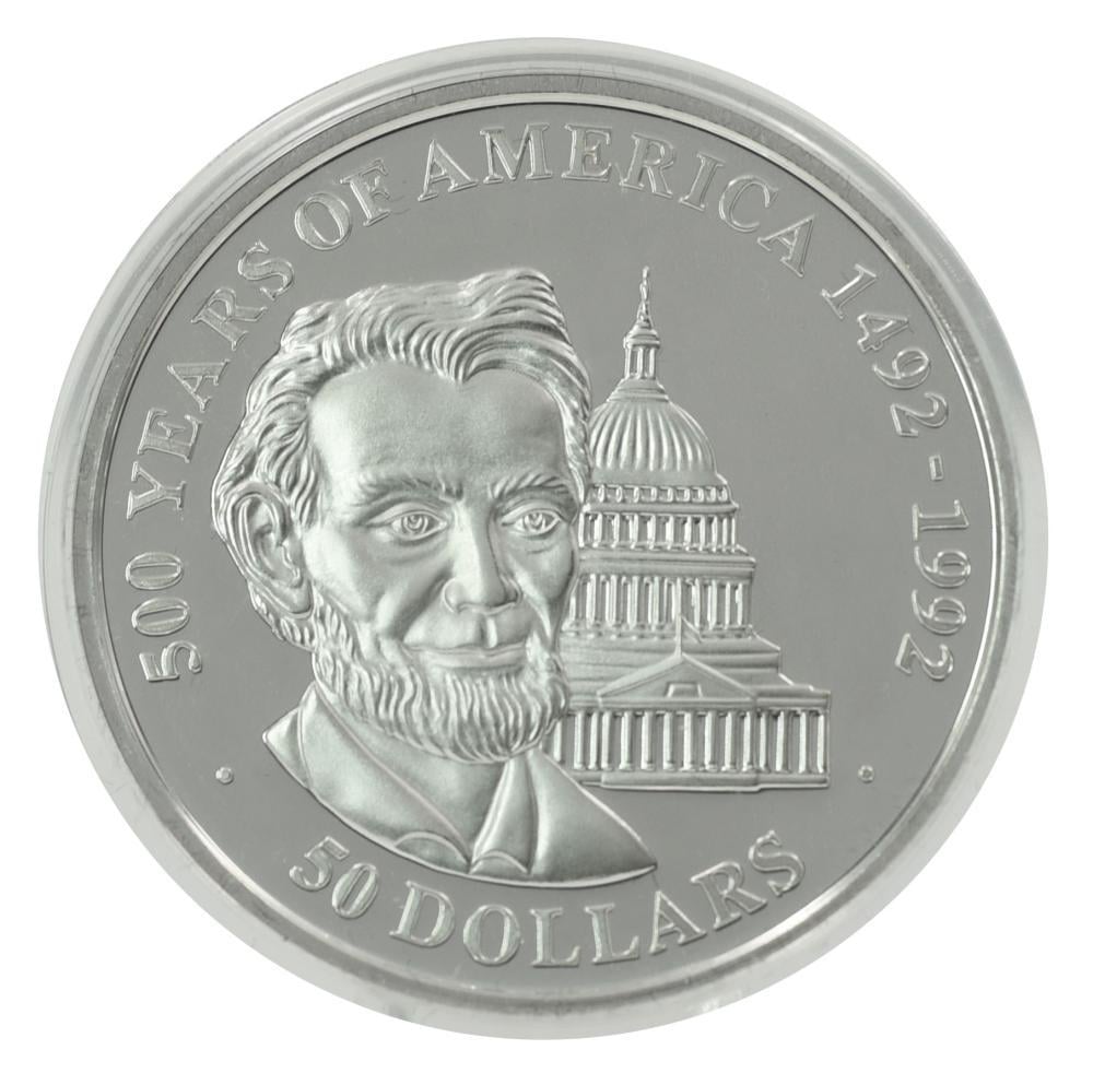 Коллекционная монета Острова Кука 50 долларов 1990 серебро Proof 500 лет Открытие Америки-Авраам Линкольн (М22602)