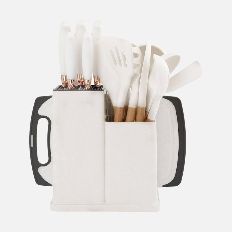 Набор кухонных принадлежностей на 19 предметов силиконовые приборы/набор ножей на подставке/доска для нарезки White (f7ce5bba) - фото 1 Набор кухонных принадлежностей на 19 предметов силиконовые приборы/набор ножей на подставке/доска для нарезки White (f7ce5bba) - фото 1