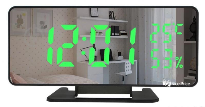 Зеркальные настольные LED часы VST-888Y с будильником и термометром зеленая Led подсветка Черные