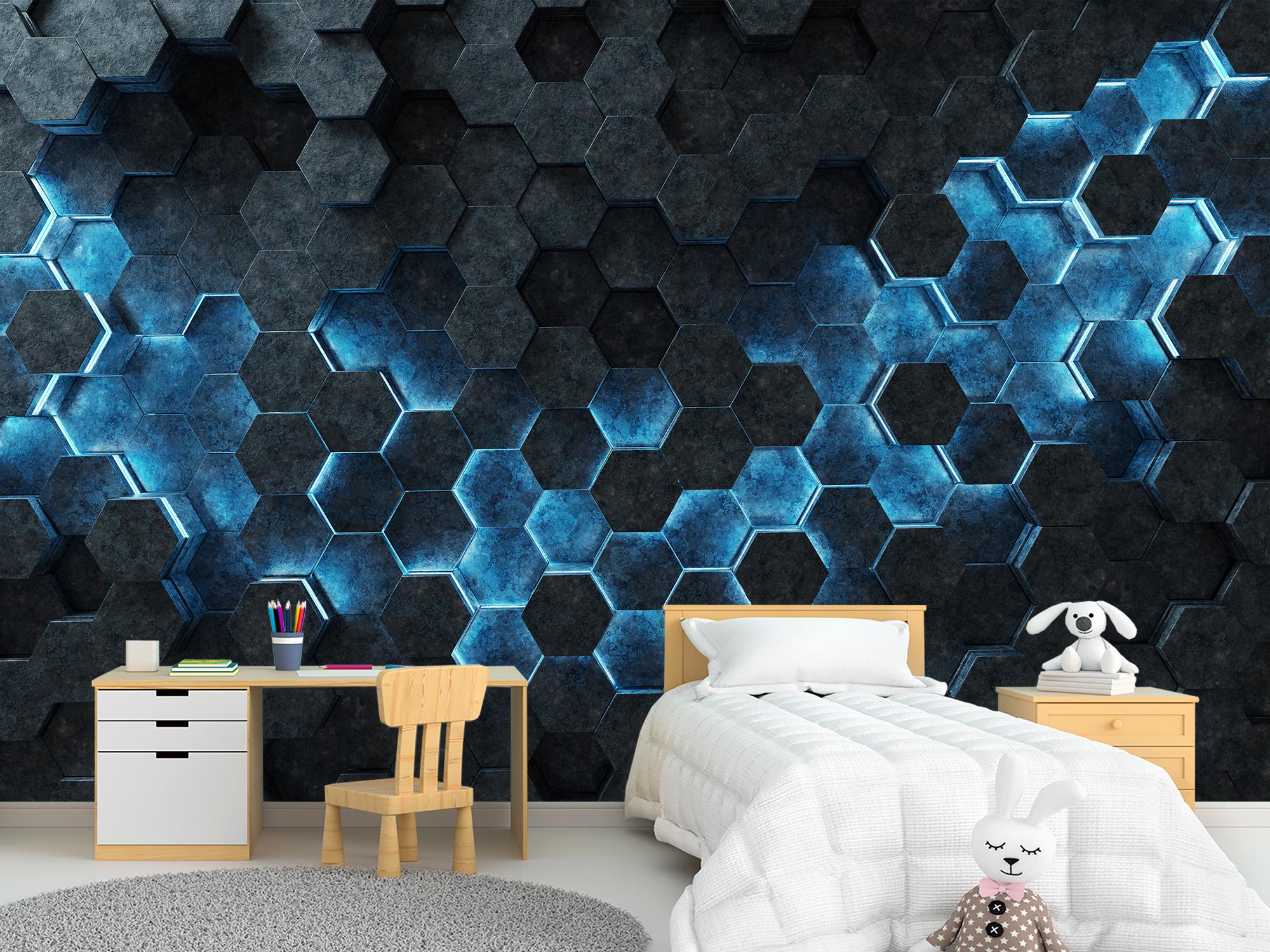 Фотообои флизелиновые Черные шестиугольники с синим светом 285х190 см (SPF-041/4)