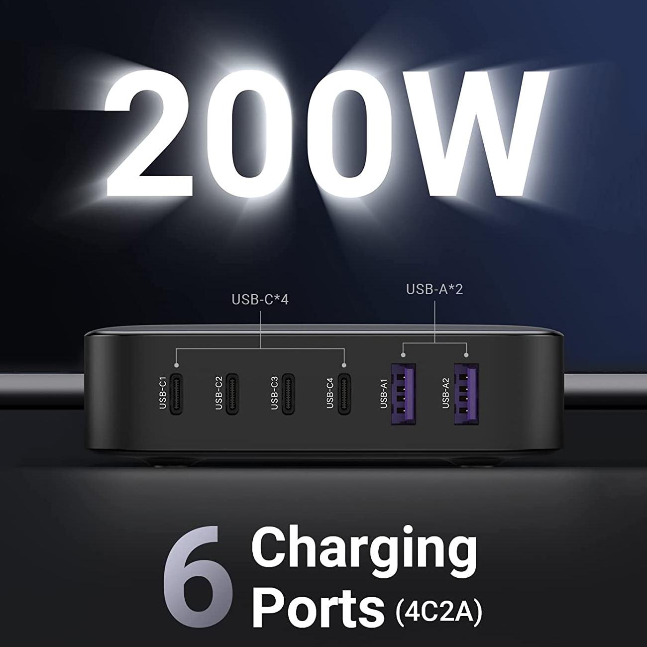 Зарядное устройство сетевое настольное UGREEN CD271 2USB/4Type-C 200W Nexode 2m GaN Desktop Charger Gray (40914) - фото 4 Зарядное устройство сетевое настольное UGREEN CD271 2USB/4Type-C 200W Nexode 2m GaN Desktop Charger Gray (40914) - фото 4