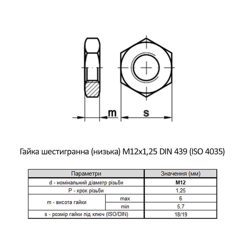 Гайка шестигранна низька Metalvis М12 DIN439B сталь 4 дрібний крок 1,25 під ключ 19 мм цинк 25 шт. Білий (6Z20000006Z1220002) - фото 2 Гайка шестигранна низька Metalvis М12 DIN439B сталь 4 дрібний крок 1,25 під ключ 19 мм цинк 25 шт. Білий (6Z20000006Z1220002) - фото 2