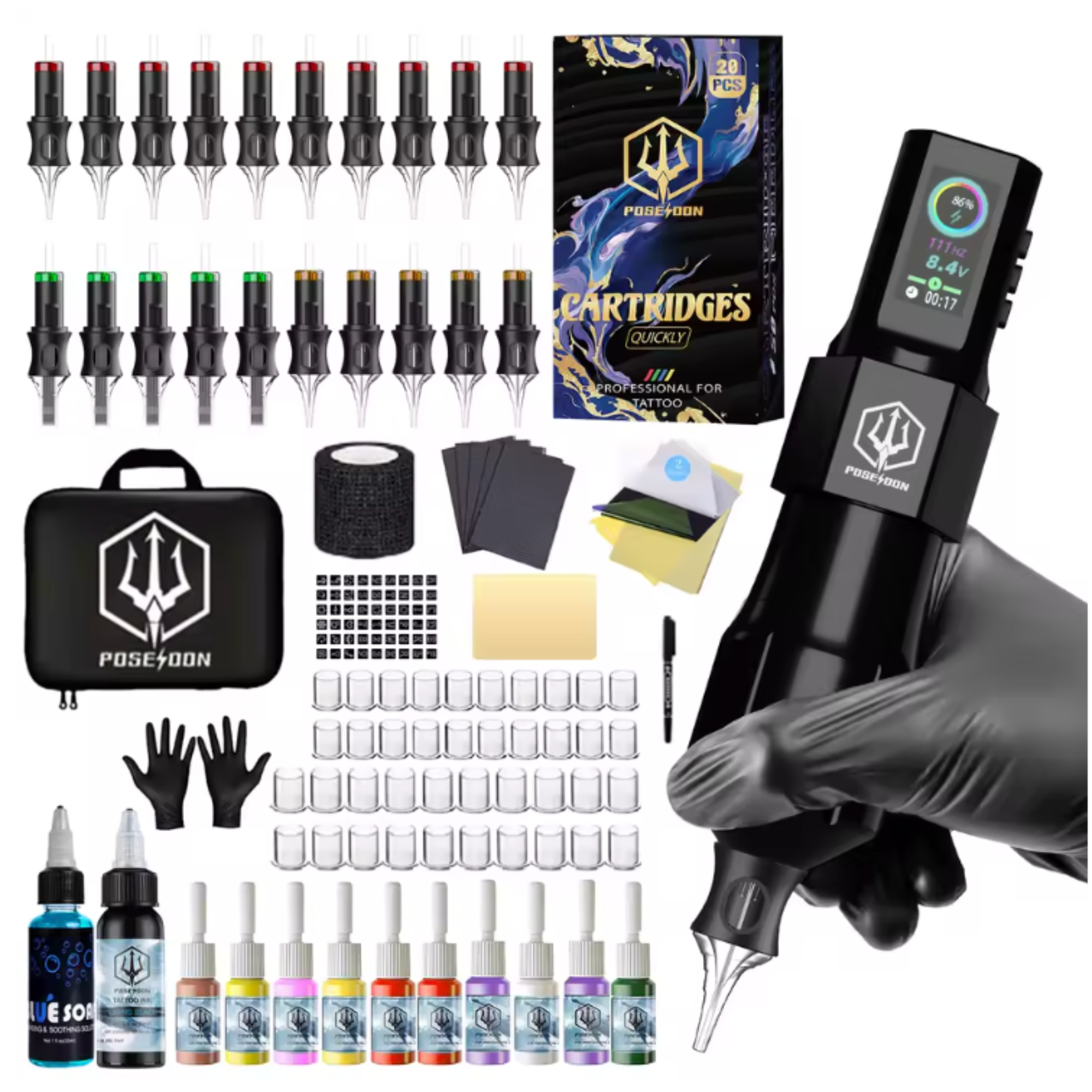 Набір для тату-майстра професійний бездротовий Poseidon V5 Hot Tattoo Pen Kit тату машинка/чорнила/голки/аксесуари