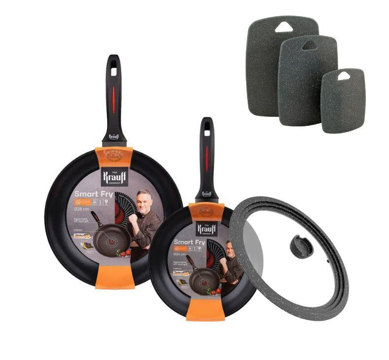 Набор сковородок Krauff Smart Fry 24/28 см с универсальной крышкой MultiSize и кухонными досками (55-333-504)