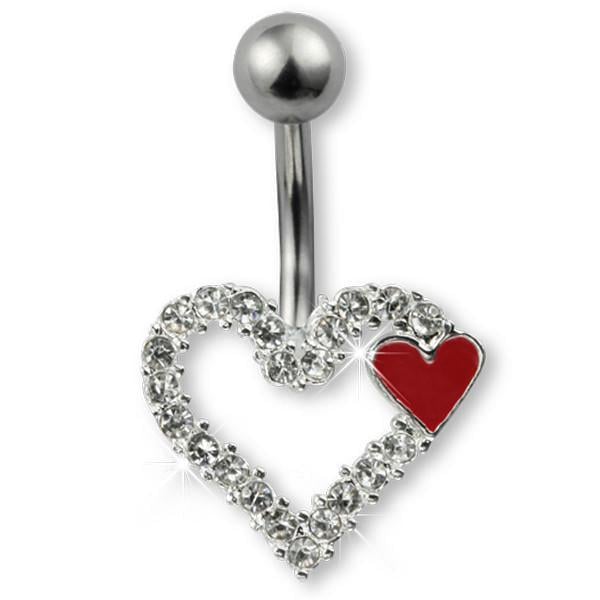 Серьга для пирсинга Банан в пупок контур сердца из страз и маленьким сердцем в красной эмали с правой 1,6х10 мм (TBCD02)