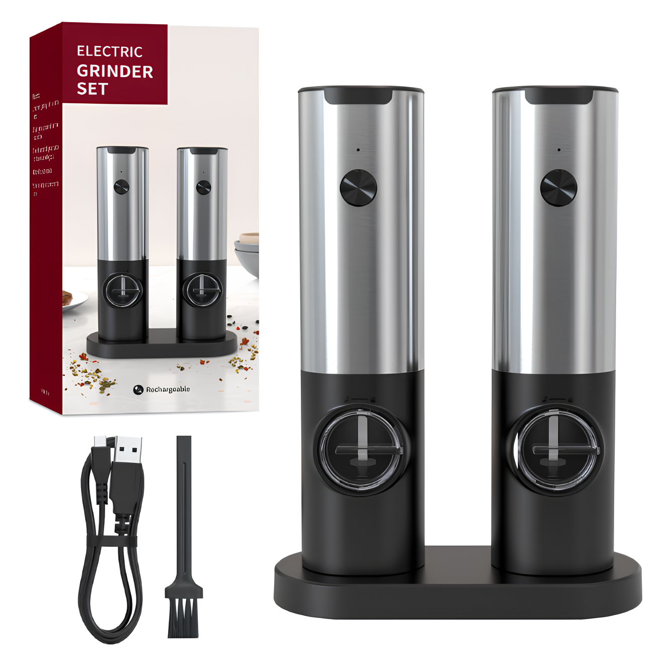 Мельница аккумуляторная для соли и перца Electric Grinder Set с зарядной базой 3в1 (00417)
