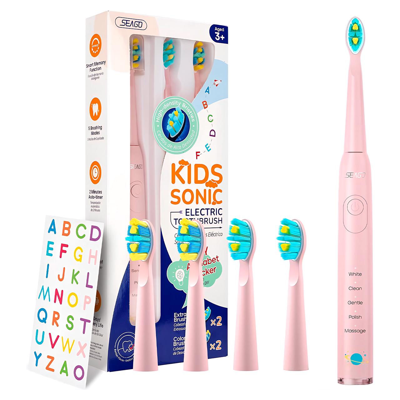 Электрическая зубная щетка детская звуковая Seago на аккумуляторе с 4 насадками Розовый (24762143)