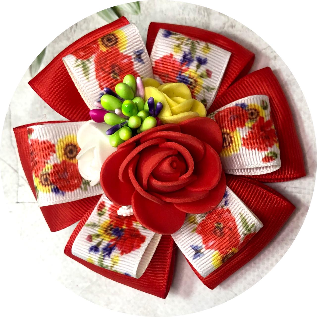 Бантик детский на шпильке Украинский орнамент с цветочками D9 см Красный (11346)