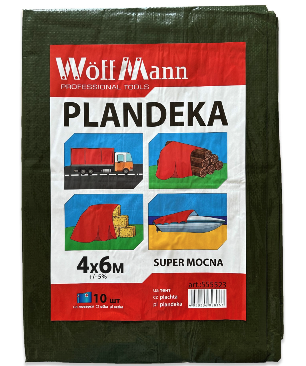 Тент WoffMann водостойкий PLANDEKA SUPER MOCNA плотность 110 г/м² 4х6 м Зеленый