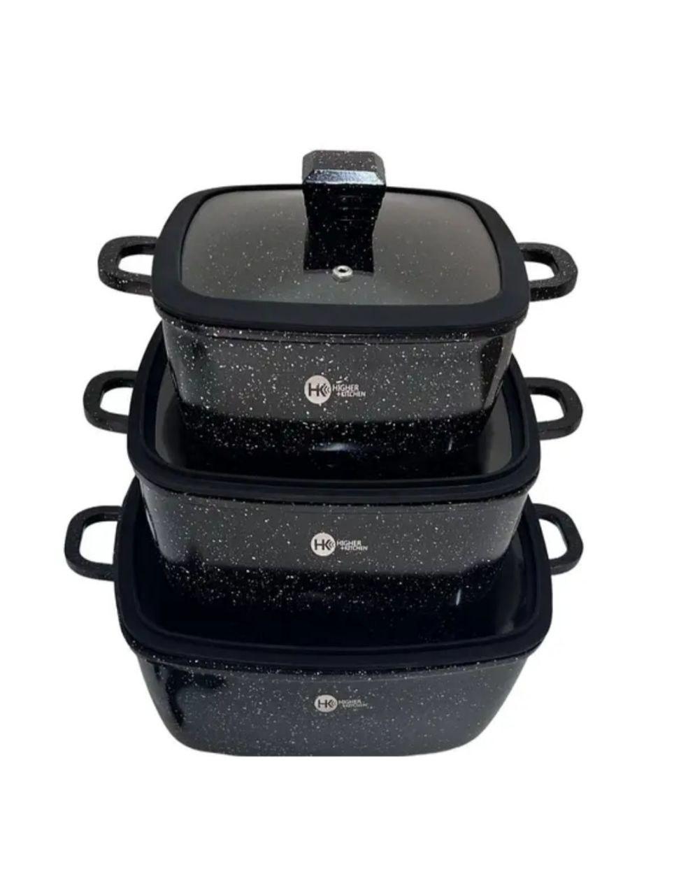 Набір квадратних каструль Higher Kitchen HK-323 із силіконовими кришками та 5-ти шаровим дном Чорний