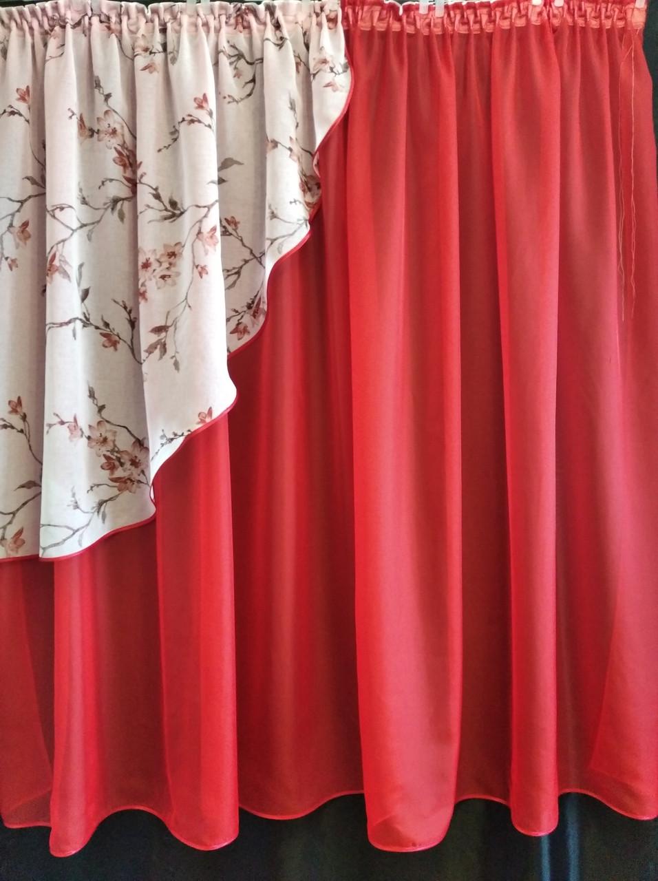 Занавеска кухонная Угол шифон с ламбрекеном батист 300х170 см Красный (ул-19) - фото 2