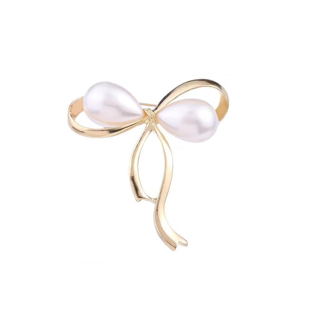 Брошь Бант с искусственным жемчугом Золотистый с белым (3000004281)