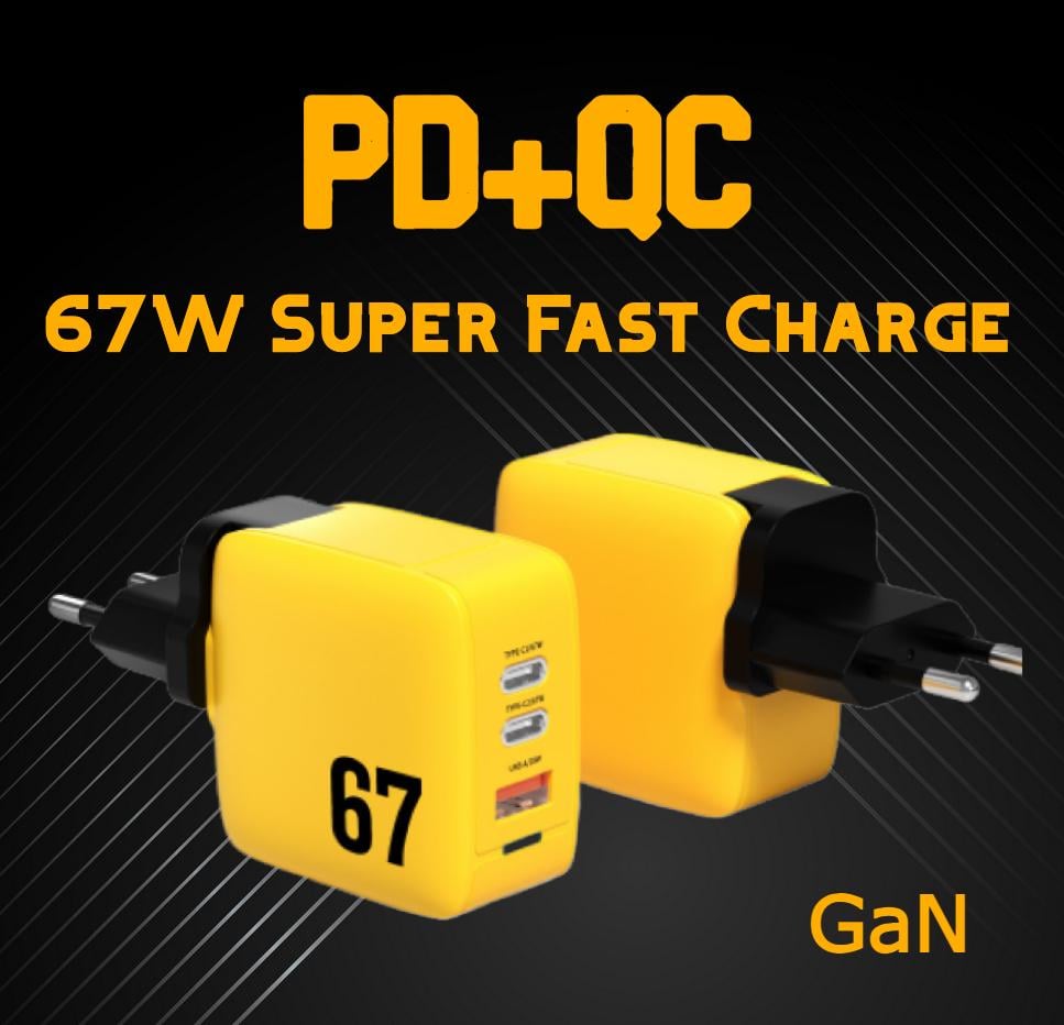 Зарядное устройство для Veron GaN 67W Fast Charge PD+QC 2xUSB-C + USB-A Yellow (770938) - фото 10