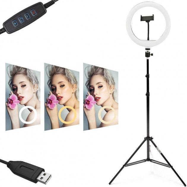 Кольцевая светодиодная LED лампа Mirror MJ26 26 см с штативом 2 м Черный (7306/L) - фото 6