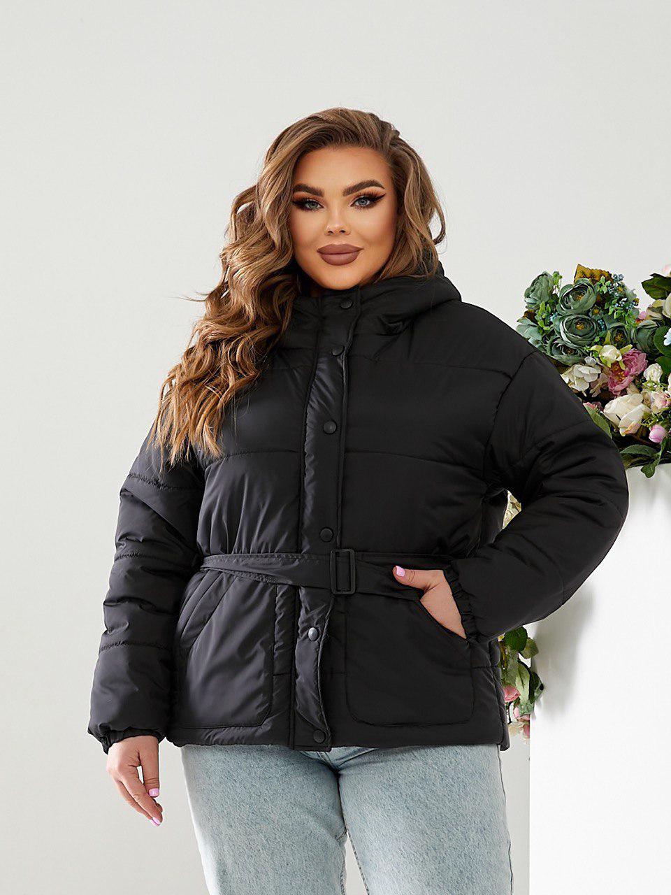 Куртка тепла коротка Khan з поясом р. 42 Чорний (Kh332) - фото 2 Куртка тепла коротка Khan з поясом р. 42 Чорний (Kh332) - фото 2