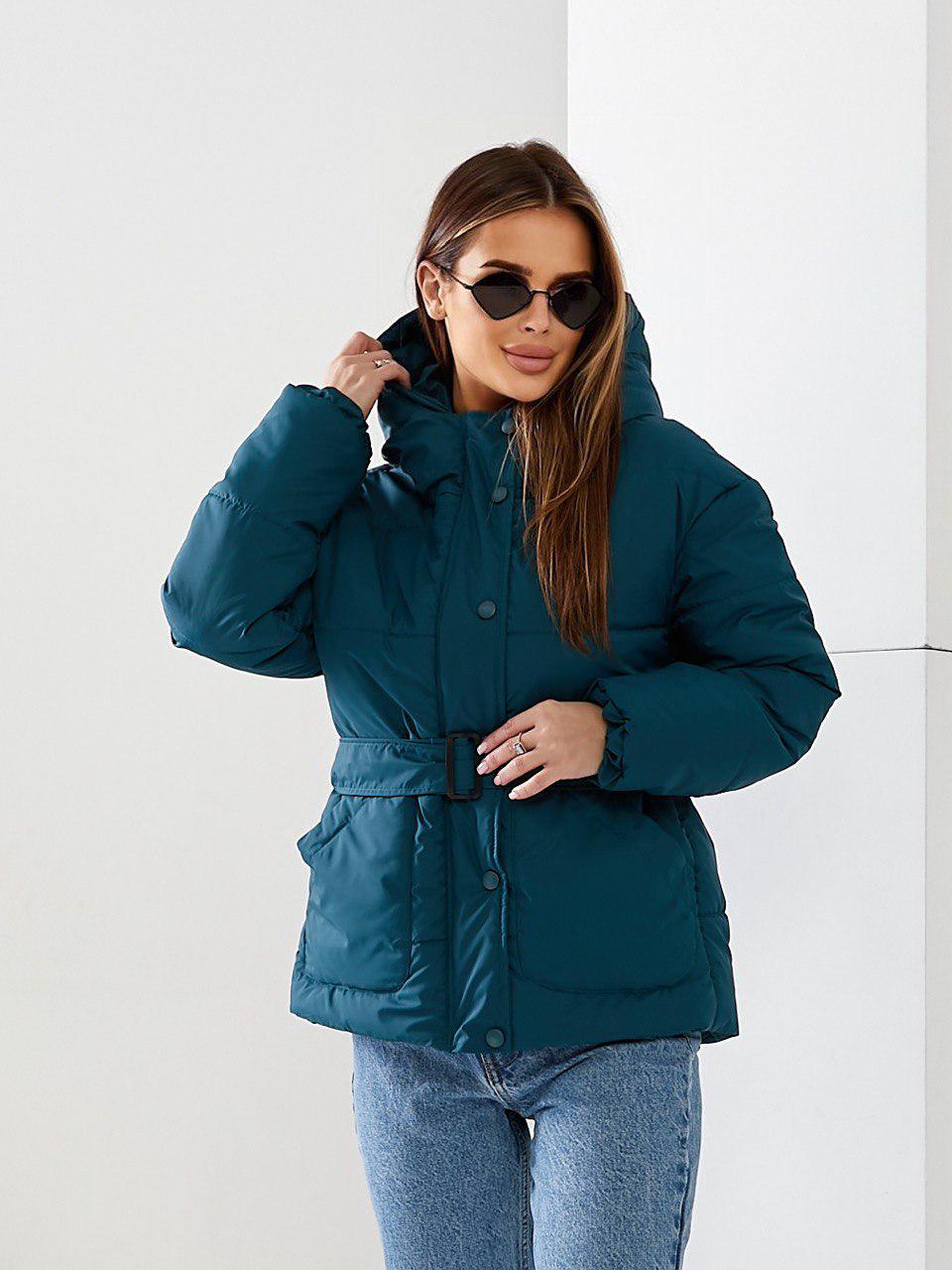 Куртка демісезонна коротка Khan з поясом р. 42 Аква (Kh332) - фото 2