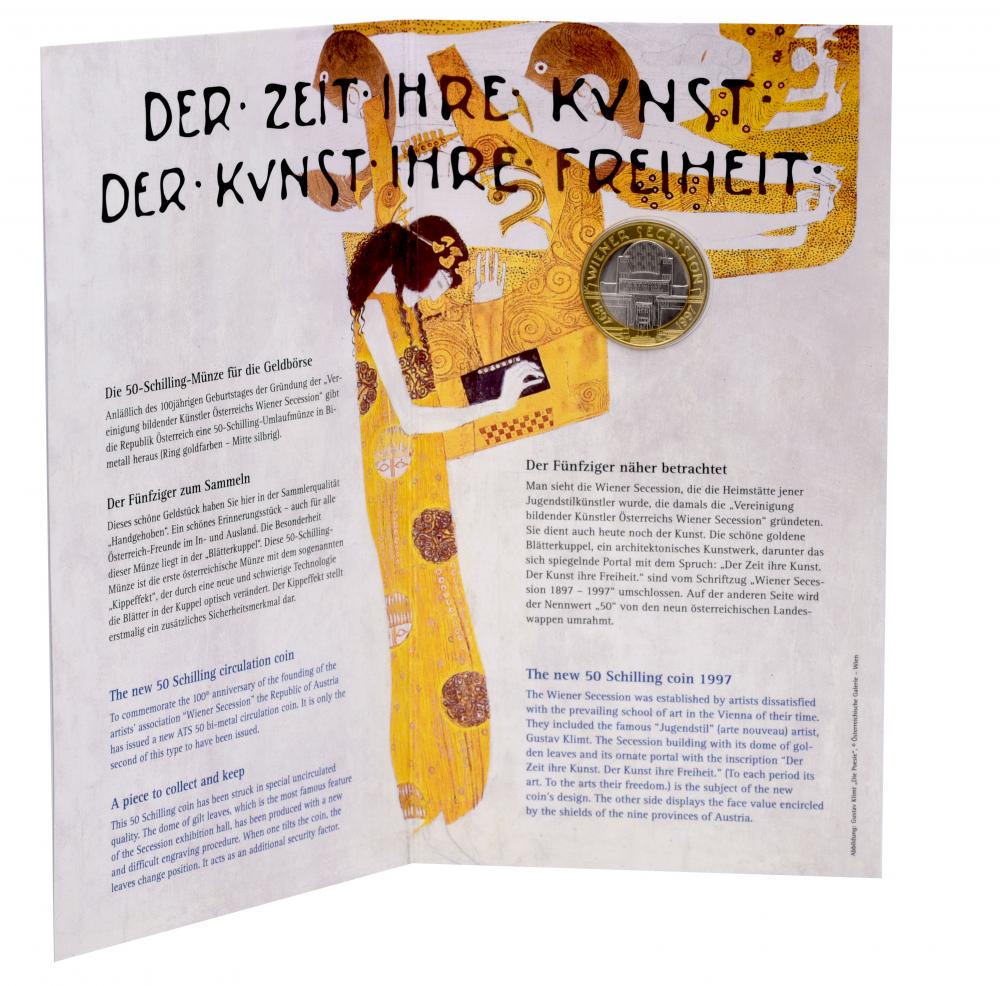 Коллекционная монета Австрия 50 шиллингов 1997 Биметалл UNC 100 лет Венскому Сецессиону в сувенирной упаковке (KM#3044) Коллекционная монета Австрия 50 шиллингов 1997 Биметалл UNC 100 лет Венскому Сецессиону в сувенирной упаковке (KM#3044)