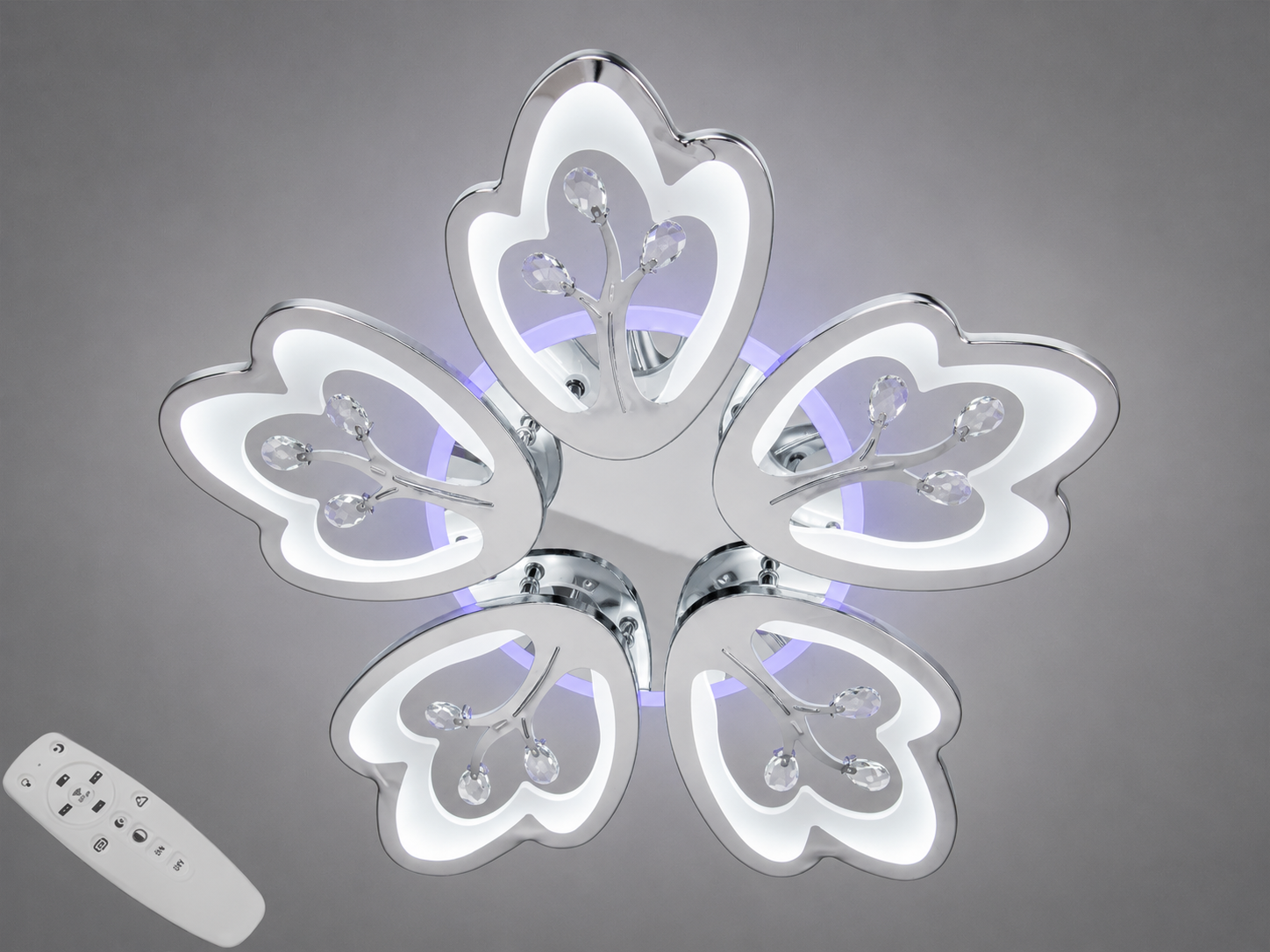 Люстра стельова LED 5 пелюсток пульт/димер 90 W Хром (8148/5HR 3col dim)