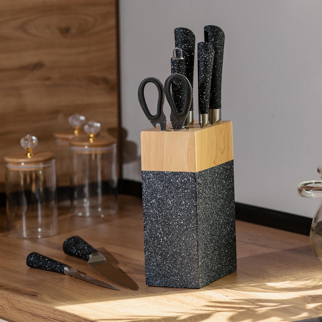 Набор кухонных ножей с ножницами и мусатом для кухни 5 шт. 33,5/30/31/24,5/21,5 см Черный - фото 2 Набор кухонных ножей с ножницами и мусатом для кухни 5 шт. 33,5/30/31/24,5/21,5 см Черный - фото 2