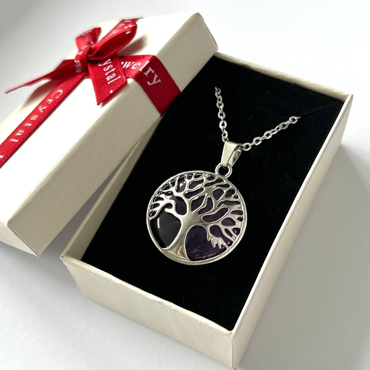 Кулон с натуральным камнем аметист фиолетовый в оправе Древо жизни 27 мм на ювелирной цепочке (2091409252)