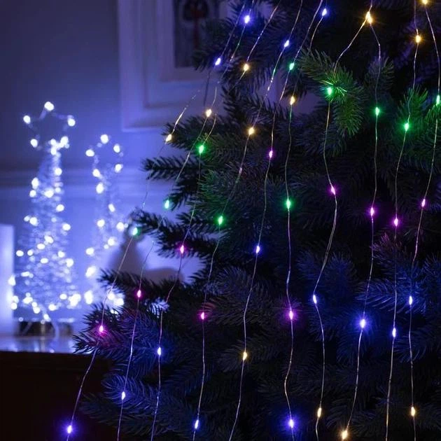 Гирлянда Конский хвост на елку на батарейках+USB 400 LED 20 линий по 2 м зеленая проволка Разноцветный