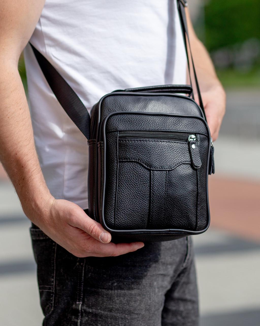 Мужская сумка-мессенджер Borsa Leather на два отделения из натуральной кожи Черный (2334)