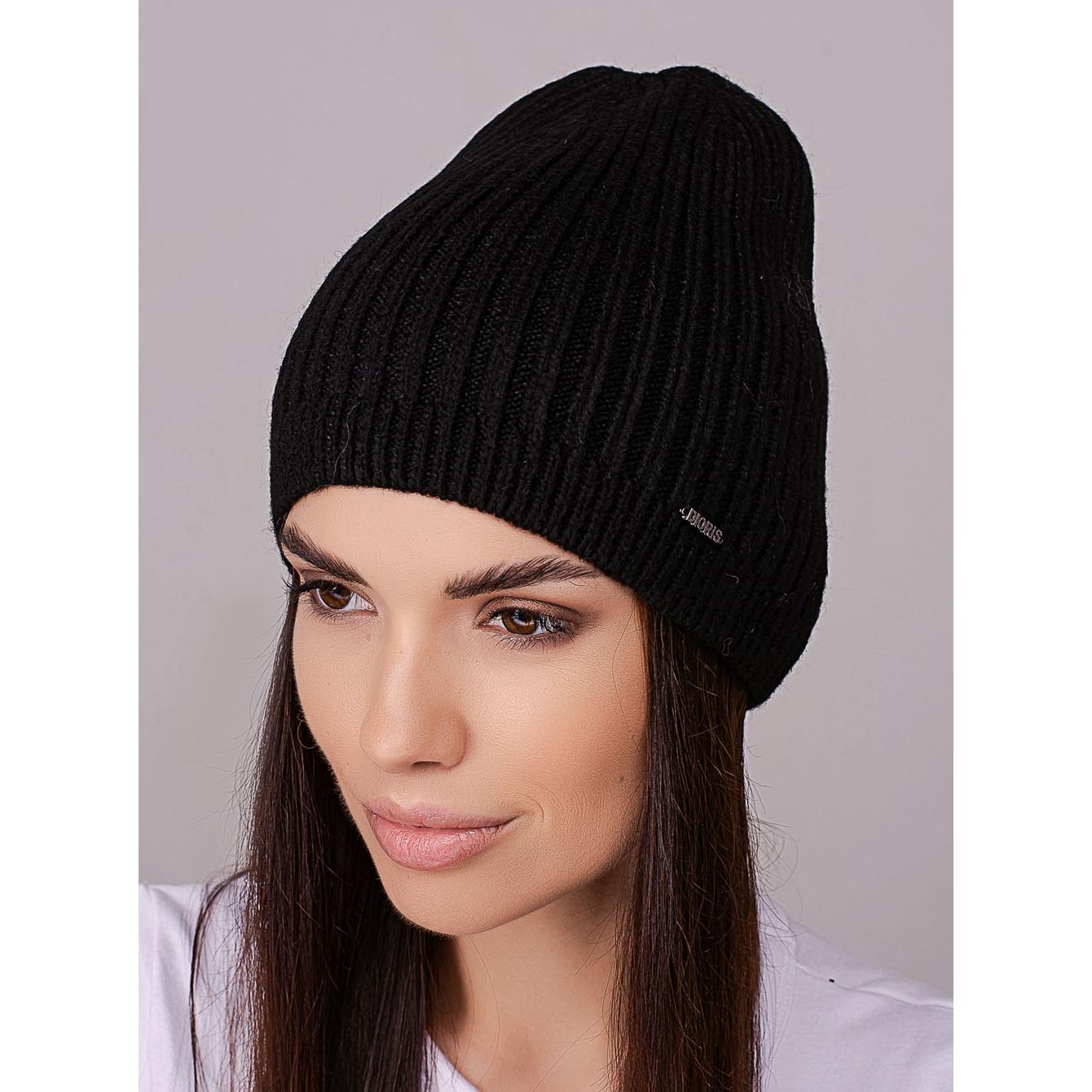 Шапка женская Leks ФЛЕШ удлиненная без отворота одинарная с небольшим вязаным манжетом one size Черный (258323)