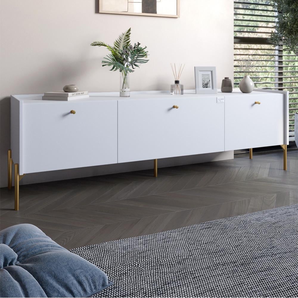 Тумба под телевизор на 3 ящика Lion Wood с золотыми ножками 160х65х40 см Нимфея Альба белый (Lion-042997)