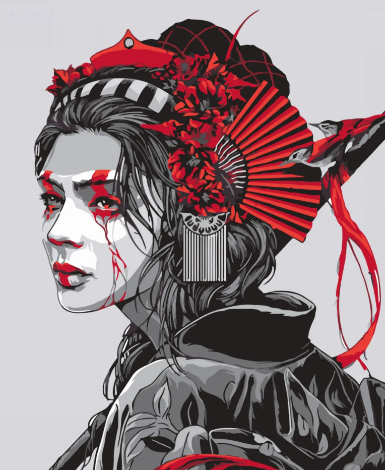 Картина по номерам Strateg Премиум Японская девушка с лаком и уровнем 40x50 см (SY6802)