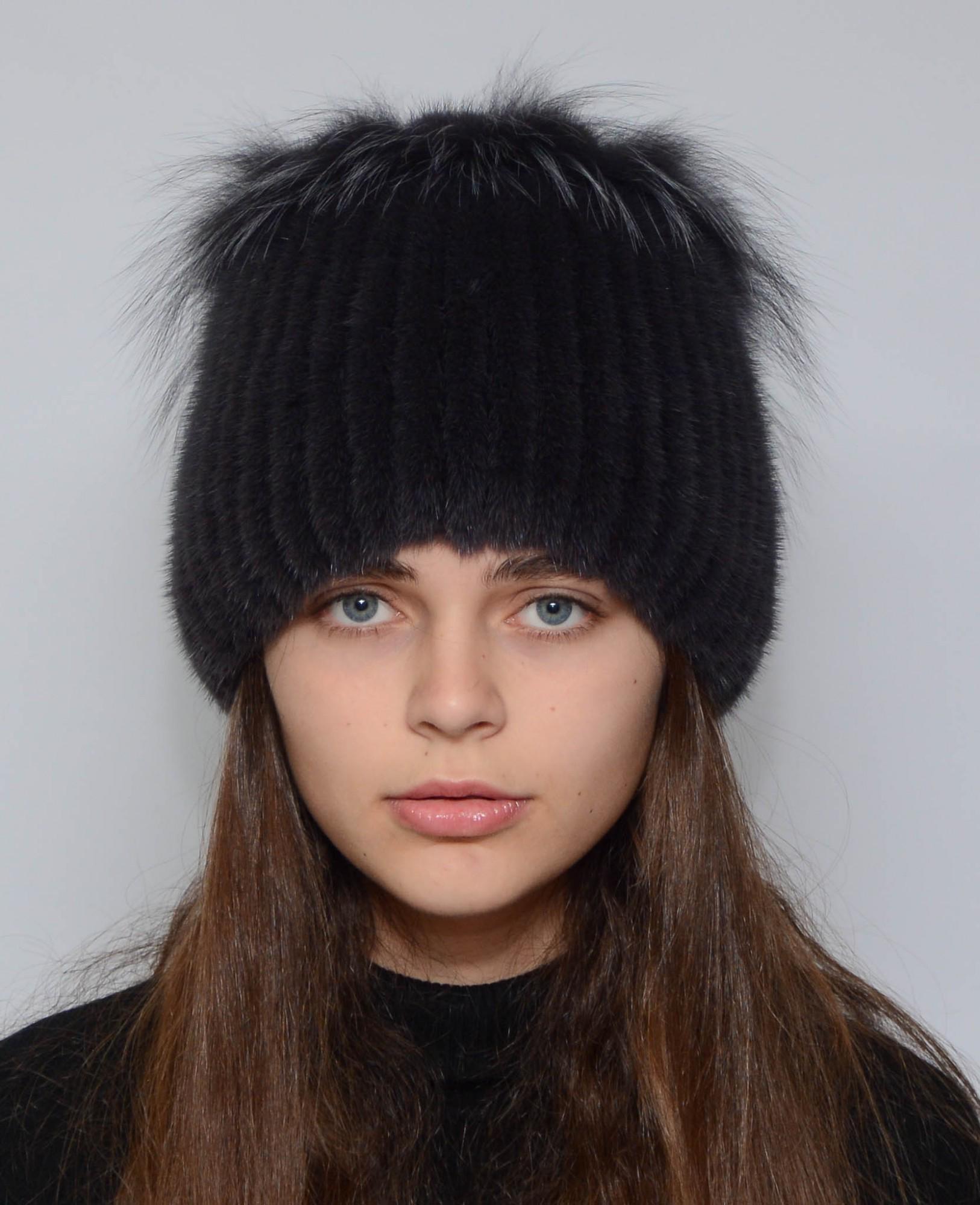 Зимняя шапка из вязаной норки Меховой стиль Петли натуральный мех M-L Темный ирис (101)