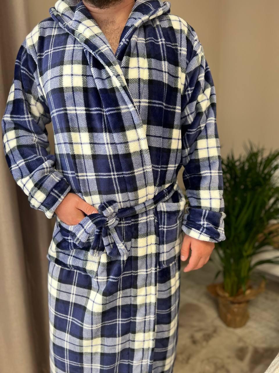 Халат мужской махровый в клеточку L Синий (22936511) - фото 3 Халат мужской махровый в клеточку L Синий (22936511) - фото 3