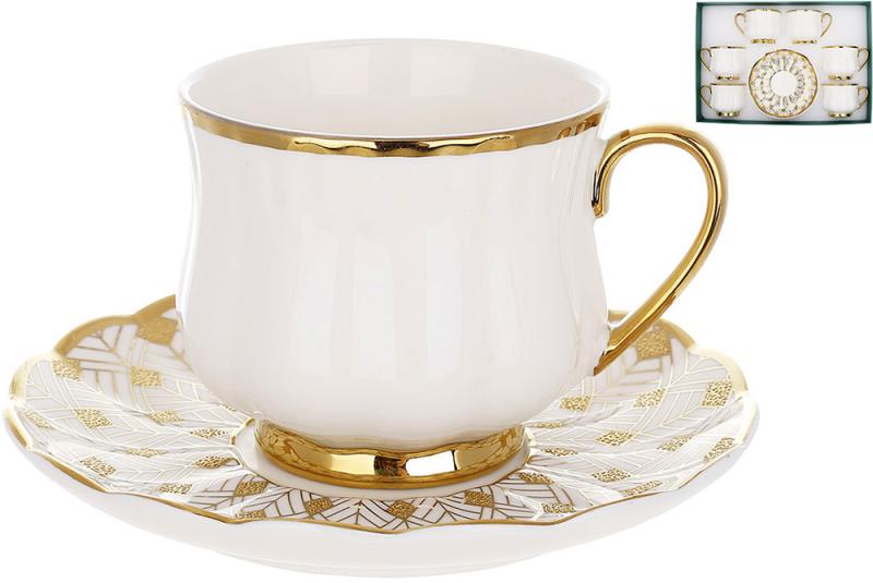 Чайный фарфоровый сервиз с блюдцами Камелия 6 шт. 250 мл Белый с золотым - фото 2